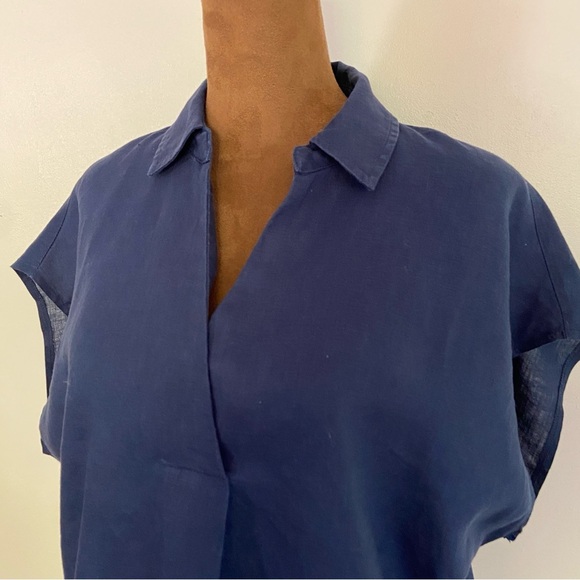 DKNY pure color block Navy and White linen collared shirt sleeve blouse - Picture 4 of 6